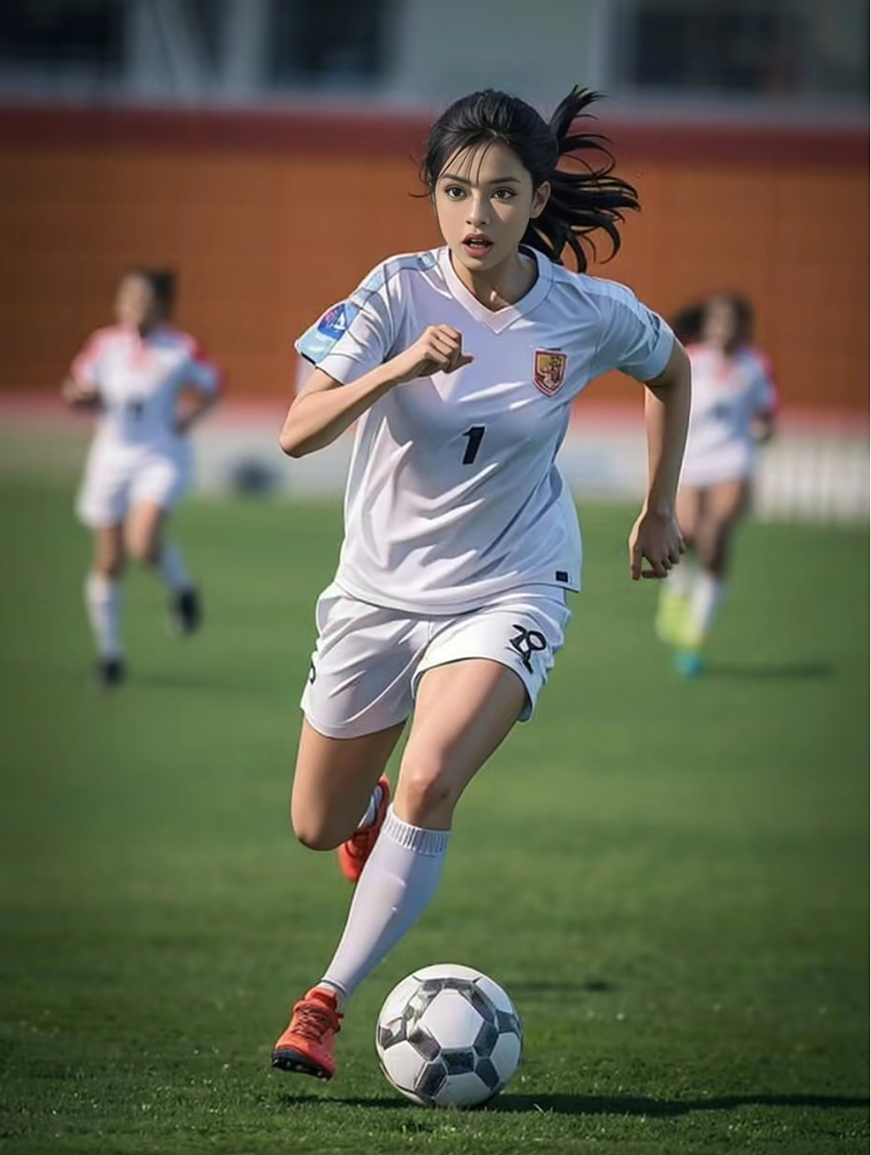 足球场上，女性队员踢出精彩比赛
